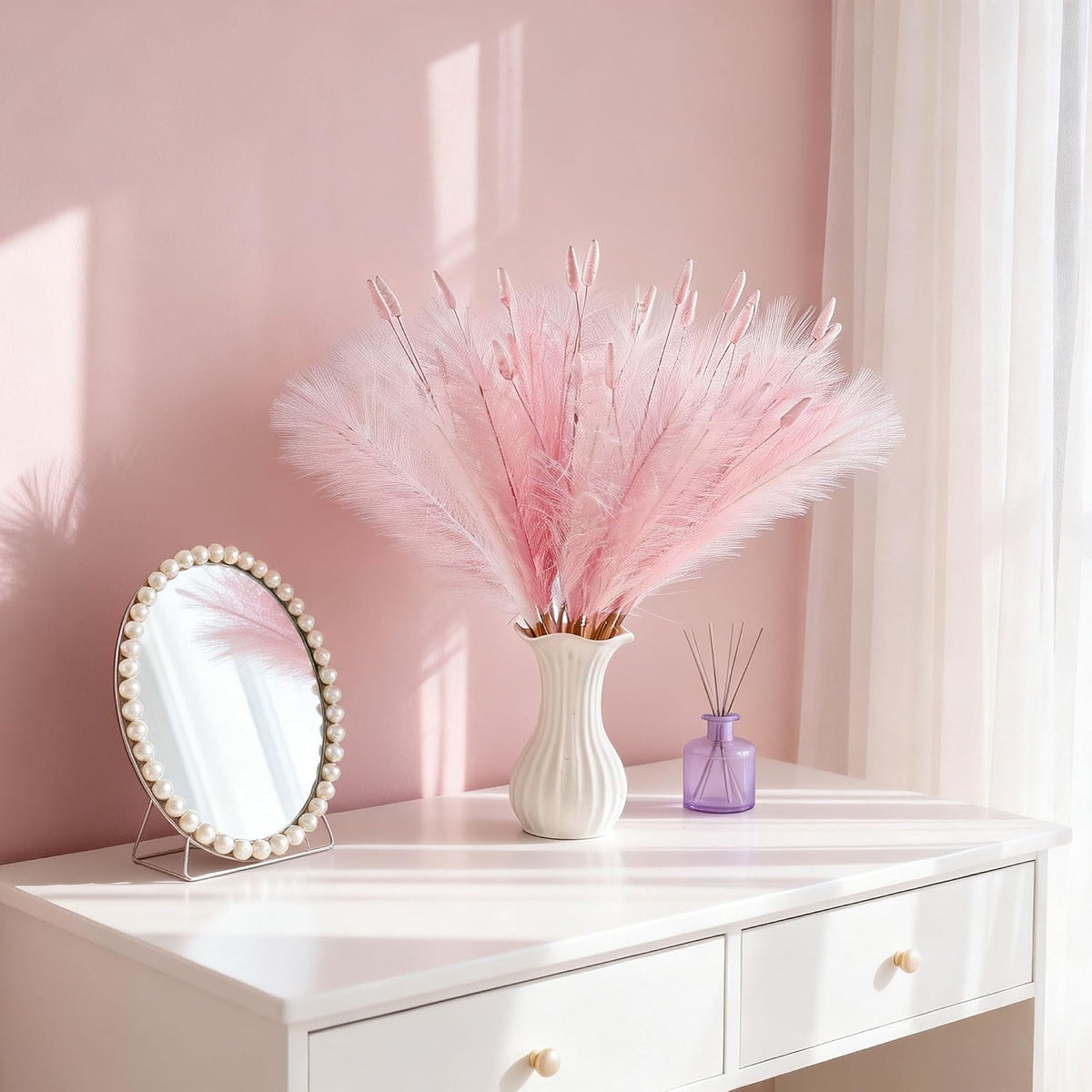 45PCS Pink Faux Pampas 23.6" Bulk with Tails for Vase Filer Decor