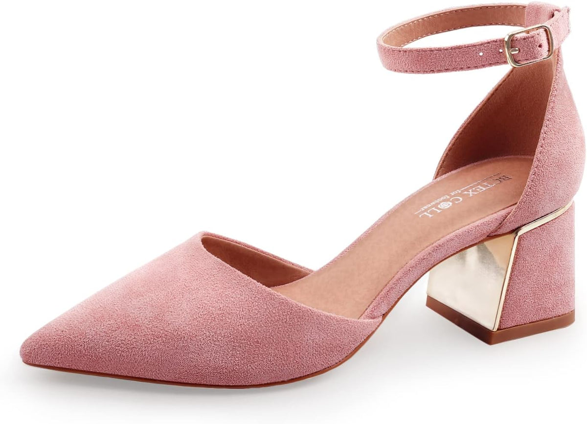 Womens Pointed Toe Pumps Shoes Ankle Strap Chunky Low Heels Metal Lined Sandals Designed for Women