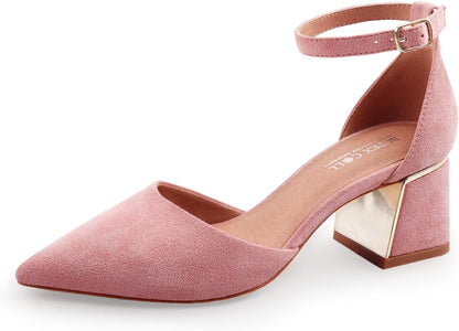 Womens Pointed Toe Pumps Shoes Ankle Strap Chunky Low Heels Metal Lined Sandals Designed for Women
