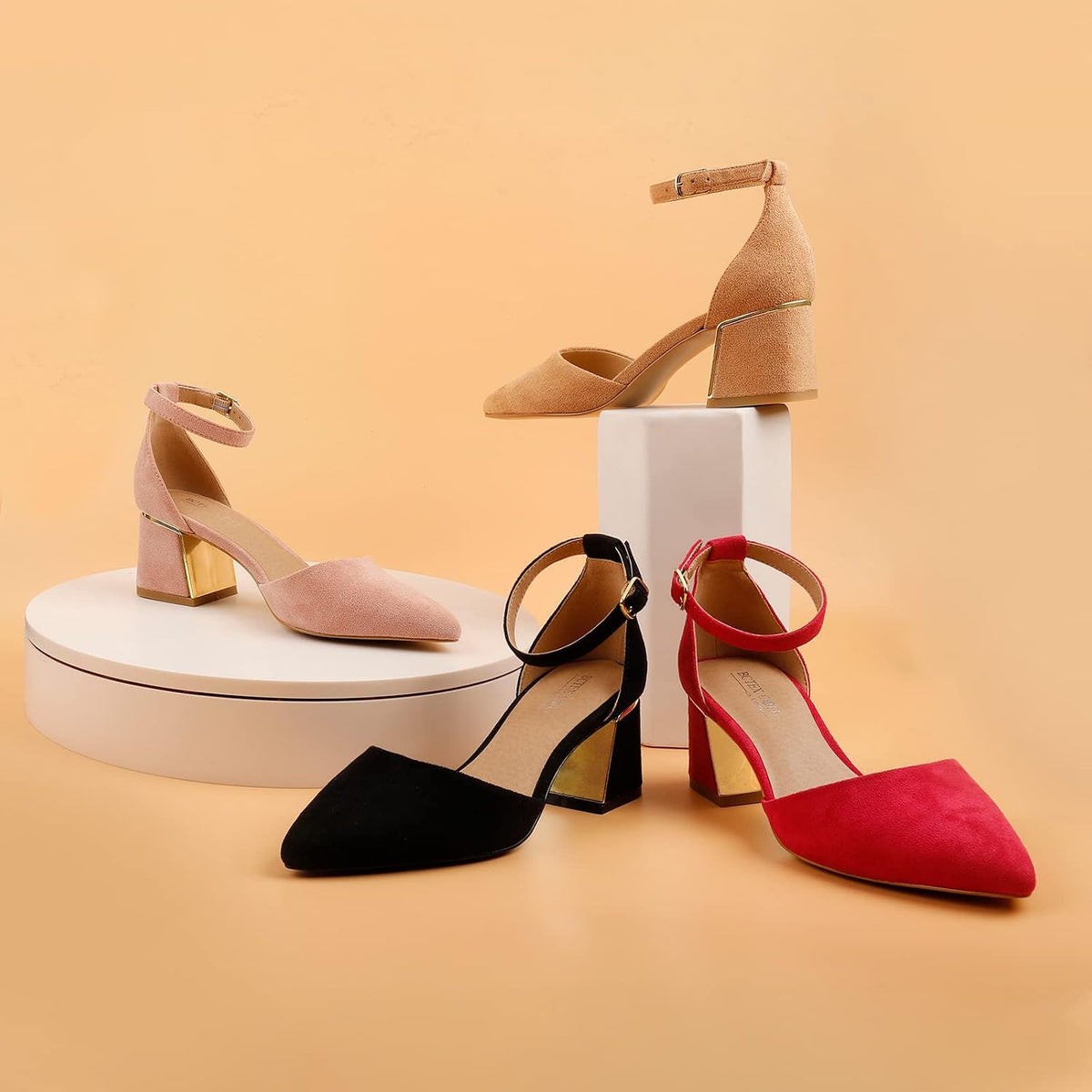 Womens Pointed Toe Pumps Shoes Ankle Strap Chunky Low Heels Metal Lined Sandals Designed for Women