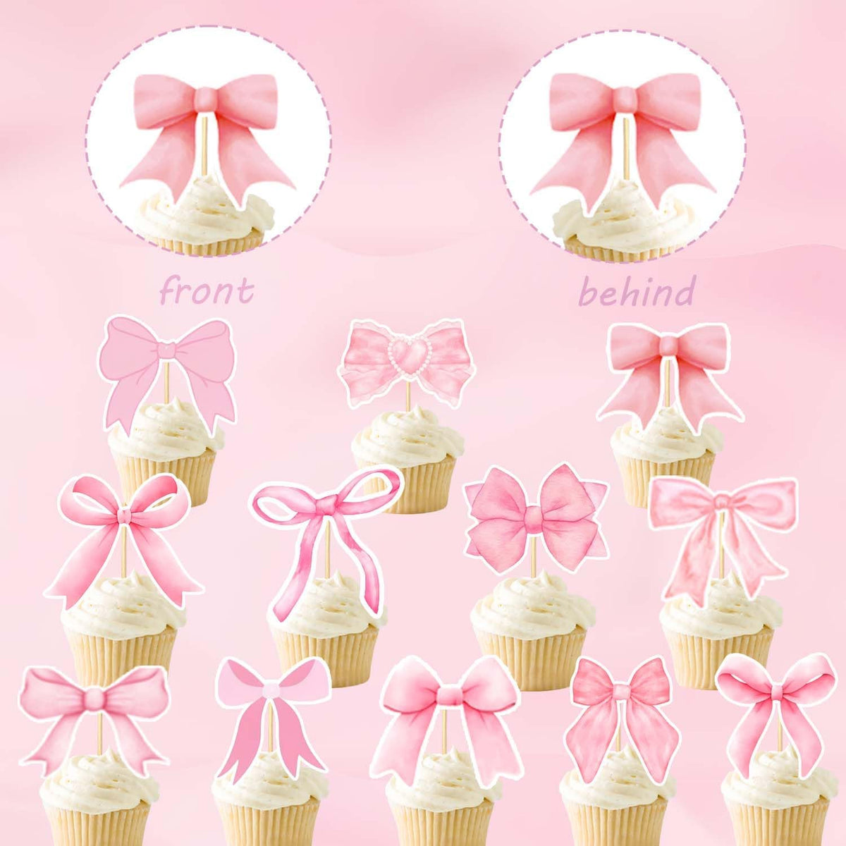 24PCS Coquette Bow Cupcake Toppers, Pink Bow Coquette Birthday Cake Decorations for Bachelorette Bridal Engagement Wedding Girl Baby Shower Bow Theme Party Decor