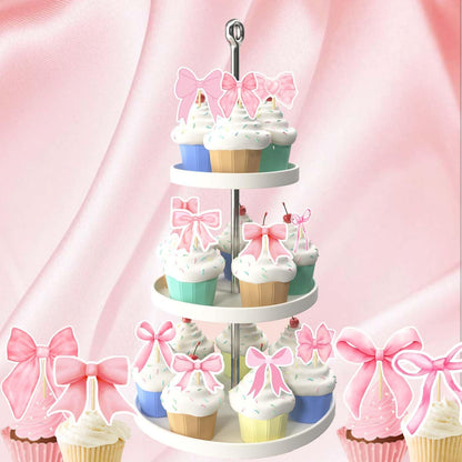 24PCS Coquette Bow Cupcake Toppers, Pink Bow Coquette Birthday Cake Decorations for Bachelorette Bridal Engagement Wedding Girl Baby Shower Bow Theme Party Decor
