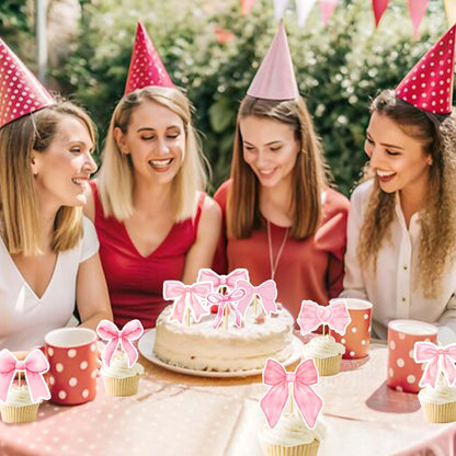 24PCS Coquette Bow Cupcake Toppers, Pink Bow Coquette Birthday Cake Decorations for Bachelorette Bridal Engagement Wedding Girl Baby Shower Bow Theme Party Decor