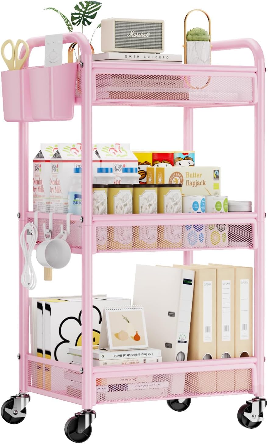3 Tier Metal Rolling Cart, Pink Utility Storage Cart with Wheels