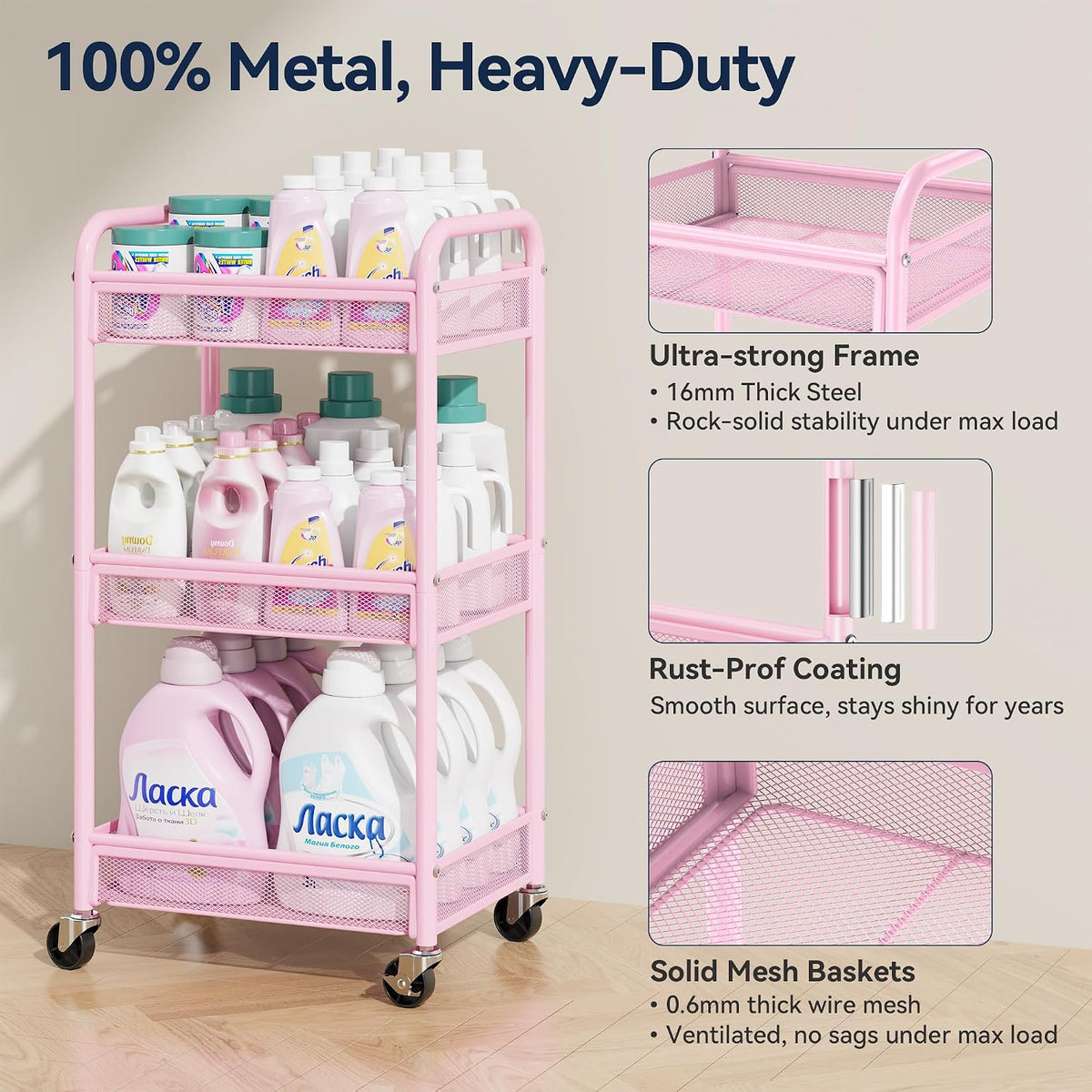 3 Tier Metal Rolling Cart, Pink Utility Storage Cart with Wheels