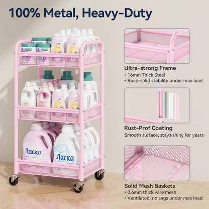 3 Tier Metal Rolling Cart, Pink Utility Storage Cart with Wheels