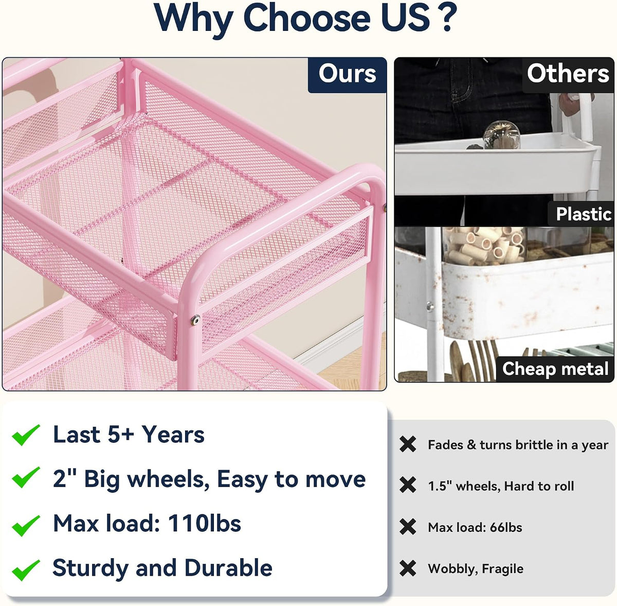 3 Tier Metal Rolling Cart, Pink Utility Storage Cart with Wheels