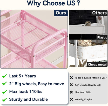 3 Tier Metal Rolling Cart, Pink Utility Storage Cart with Wheels