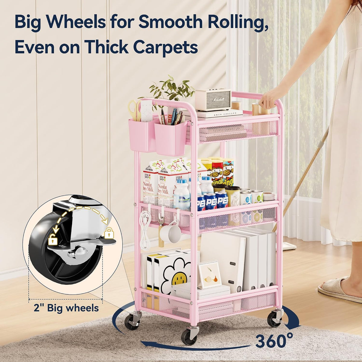 3 Tier Metal Rolling Cart, Pink Utility Storage Cart with Wheels