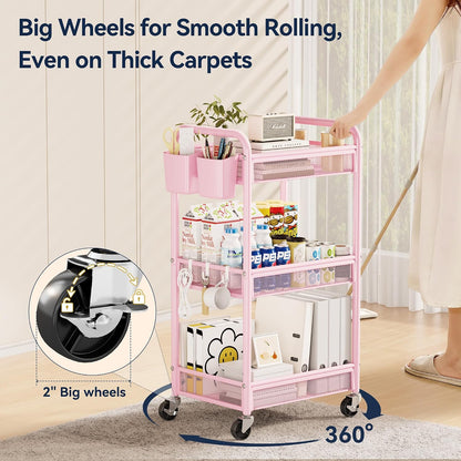 3 Tier Metal Rolling Cart, Pink Utility Storage Cart with Wheels