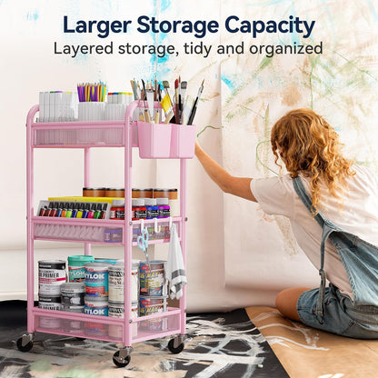 3 Tier Metal Rolling Cart, Pink Utility Storage Cart with Wheels