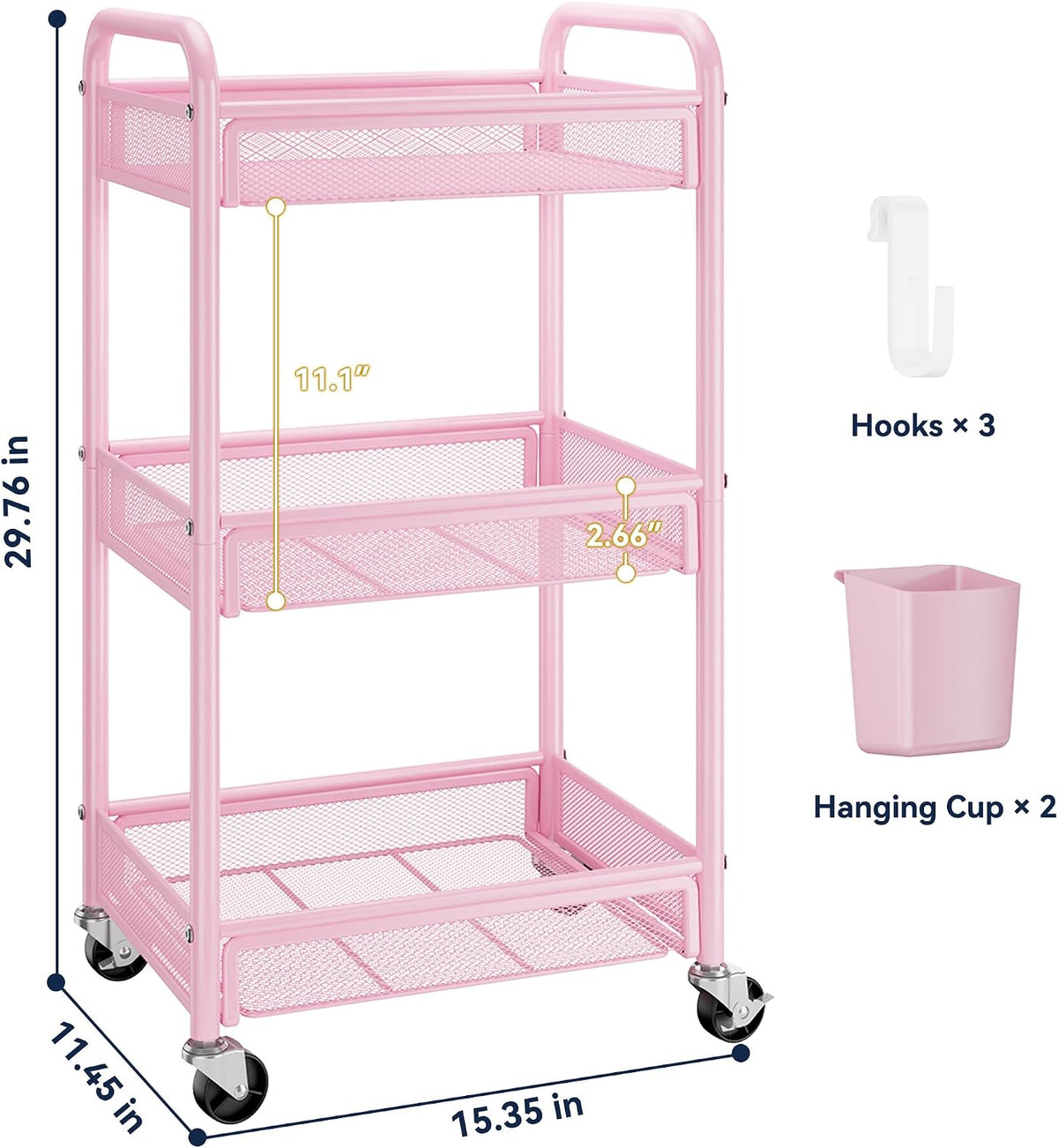 3 Tier Metal Rolling Cart, Pink Utility Storage Cart with Wheels