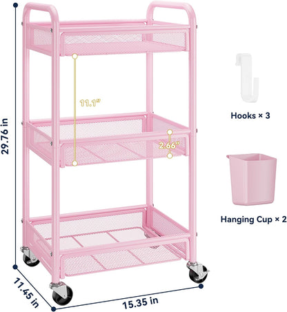 3 Tier Metal Rolling Cart, Pink Utility Storage Cart with Wheels
