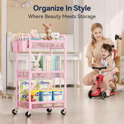 3 Tier Metal Rolling Cart, Pink Utility Storage Cart with Wheels