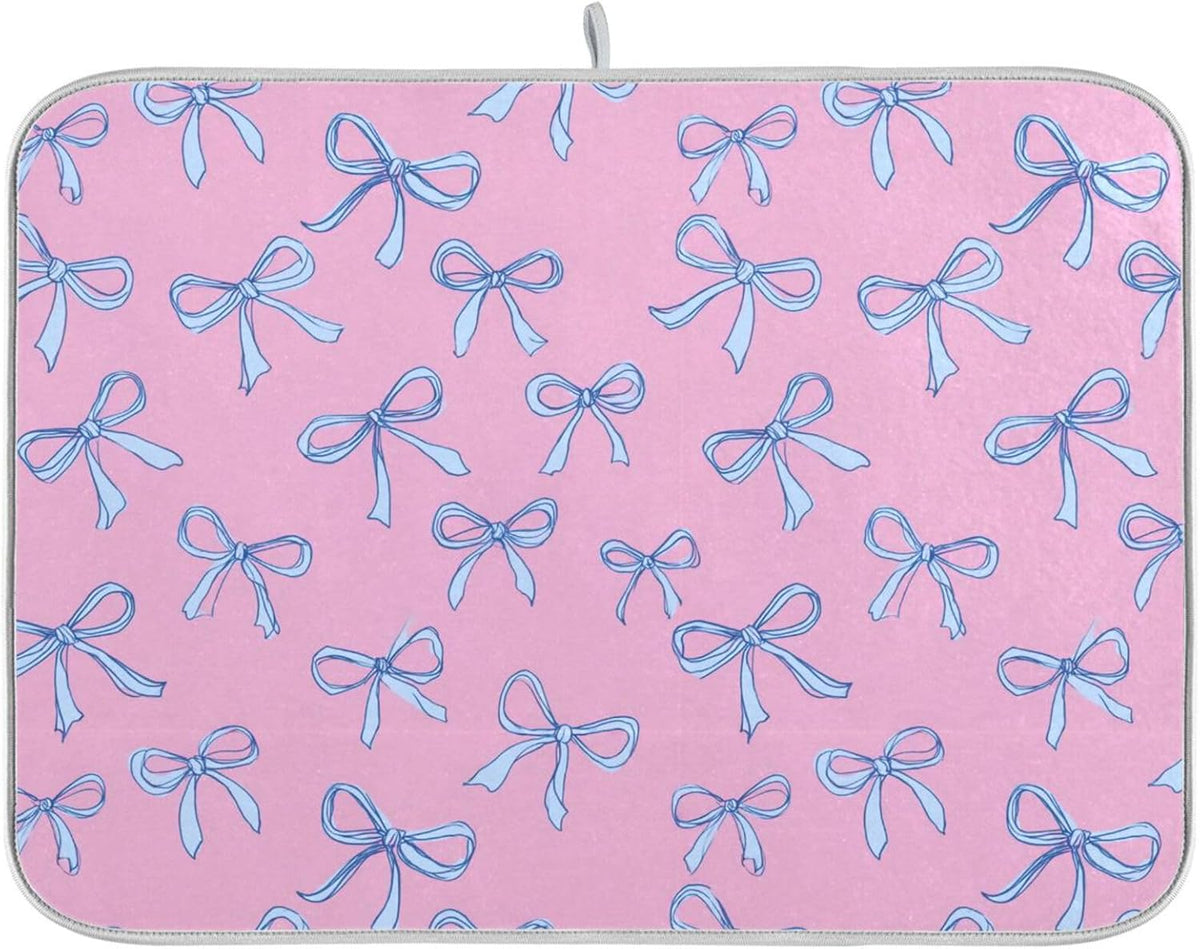 Bows Light Blue Dish Drying Mat Pink Cute Printed Dry Dishes Pads Mats,Absorbent Countertops Tableware Protector for Kitchen Counter Coffee Bar