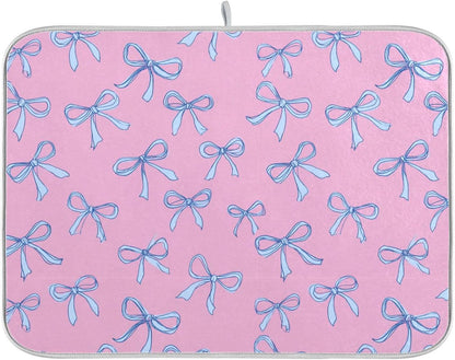 Bows Light Blue Dish Drying Mat Pink Cute Printed Dry Dishes Pads Mats,Absorbent Countertops Tableware Protector for Kitchen Counter Coffee Bar