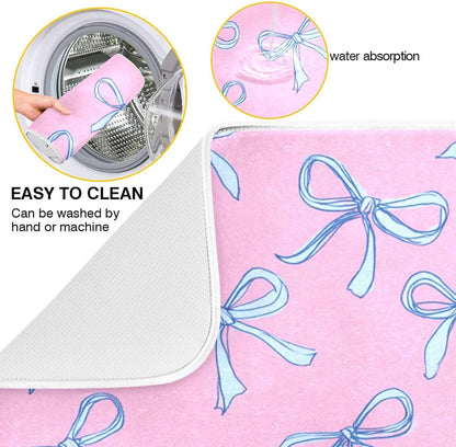Bows Light Blue Dish Drying Mat Pink Cute Printed Dry Dishes Pads Mats,Absorbent Countertops Tableware Protector for Kitchen Counter Coffee Bar