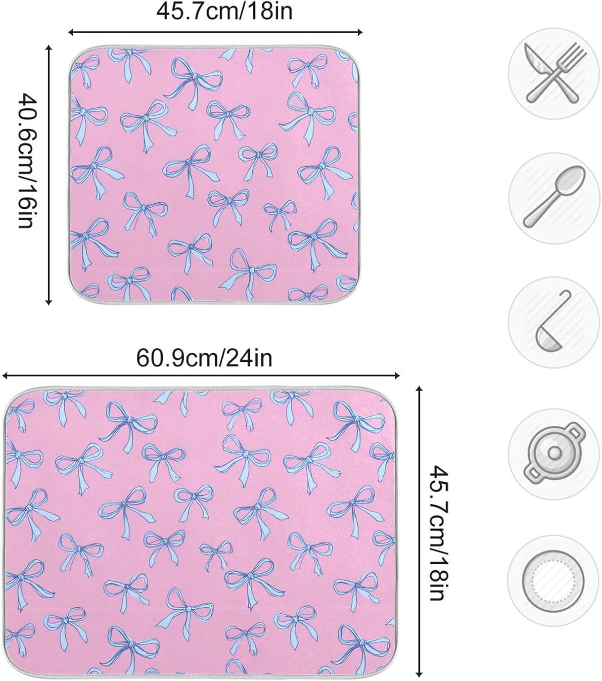Bows Light Blue Dish Drying Mat Pink Cute Printed Dry Dishes Pads Mats,Absorbent Countertops Tableware Protector for Kitchen Counter Coffee Bar