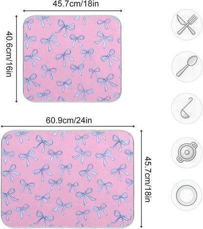 Bows Light Blue Dish Drying Mat Pink Cute Printed Dry Dishes Pads Mats,Absorbent Countertops Tableware Protector for Kitchen Counter Coffee Bar