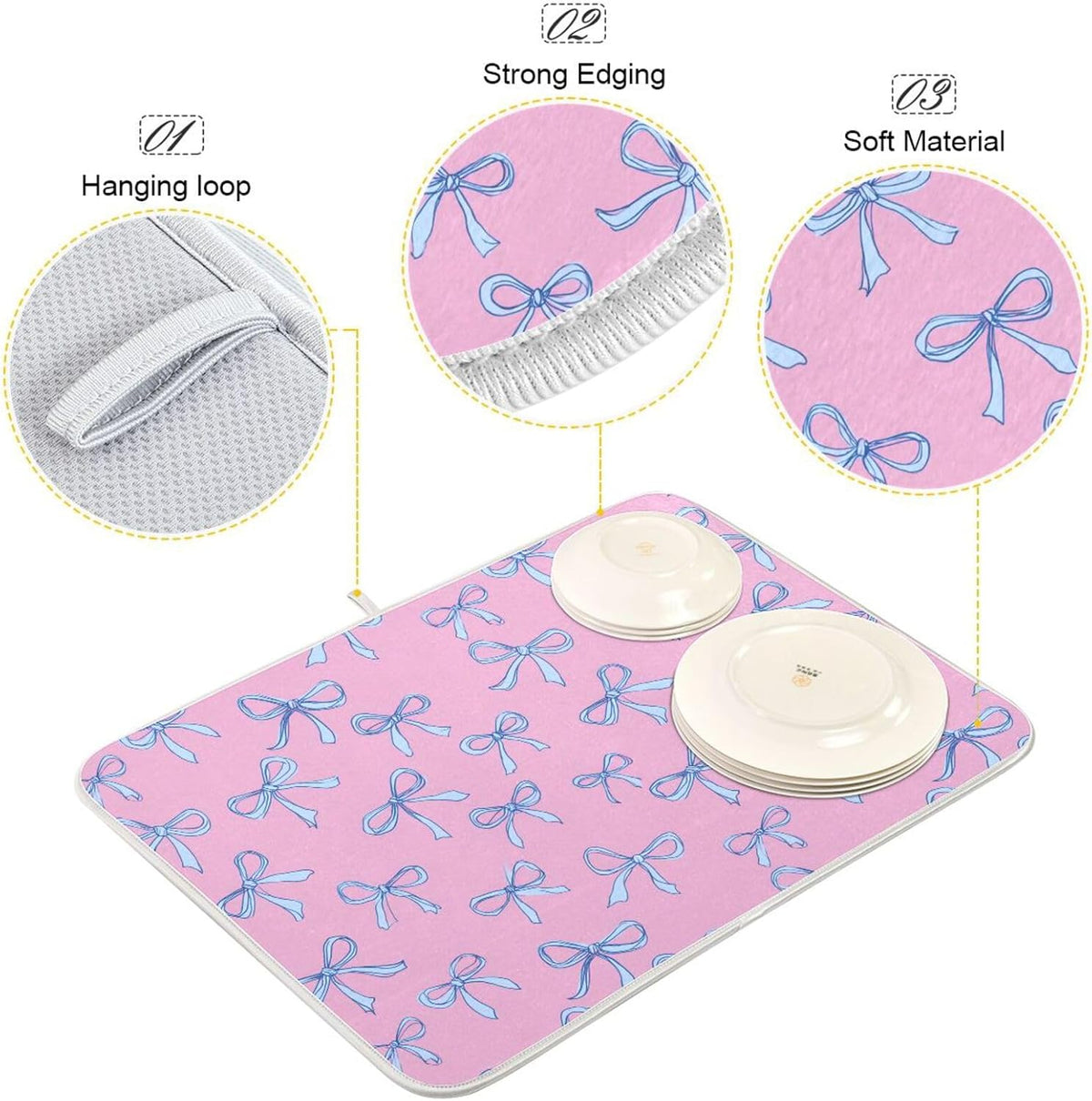 Bows Light Blue Dish Drying Mat Pink Cute Printed Dry Dishes Pads Mats,Absorbent Countertops Tableware Protector for Kitchen Counter Coffee Bar