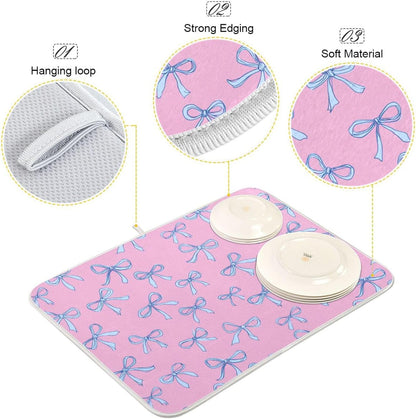 Bows Light Blue Dish Drying Mat Pink Cute Printed Dry Dishes Pads Mats,Absorbent Countertops Tableware Protector for Kitchen Counter Coffee Bar