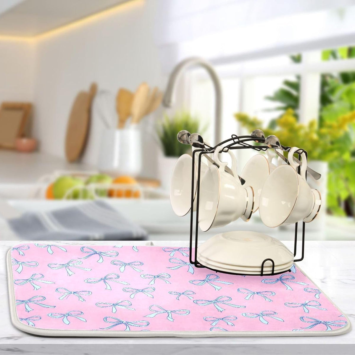 Bows Light Blue Dish Drying Mat Pink Cute Printed Dry Dishes Pads Mats,Absorbent Countertops Tableware Protector for Kitchen Counter Coffee Bar