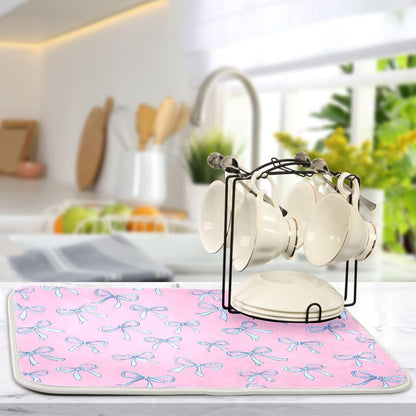Bows Light Blue Dish Drying Mat Pink Cute Printed Dry Dishes Pads Mats,Absorbent Countertops Tableware Protector for Kitchen Counter Coffee Bar