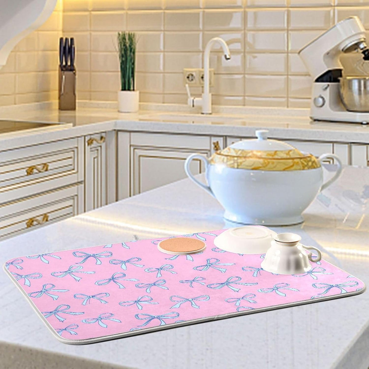 Bows Light Blue Dish Drying Mat Pink Cute Printed Dry Dishes Pads Mats,Absorbent Countertops Tableware Protector for Kitchen Counter Coffee Bar