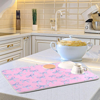 Bows Light Blue Dish Drying Mat Pink Cute Printed Dry Dishes Pads Mats,Absorbent Countertops Tableware Protector for Kitchen Counter Coffee Bar