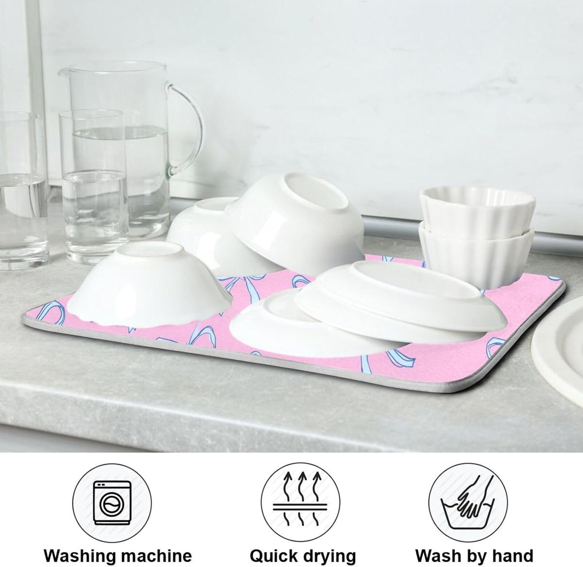 Bows Light Blue Dish Drying Mat Pink Cute Printed Dry Dishes Pads Mats,Absorbent Countertops Tableware Protector for Kitchen Counter Coffee Bar
