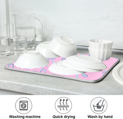 Bows Light Blue Dish Drying Mat Pink Cute Printed Dry Dishes Pads Mats,Absorbent Countertops Tableware Protector for Kitchen Counter Coffee Bar