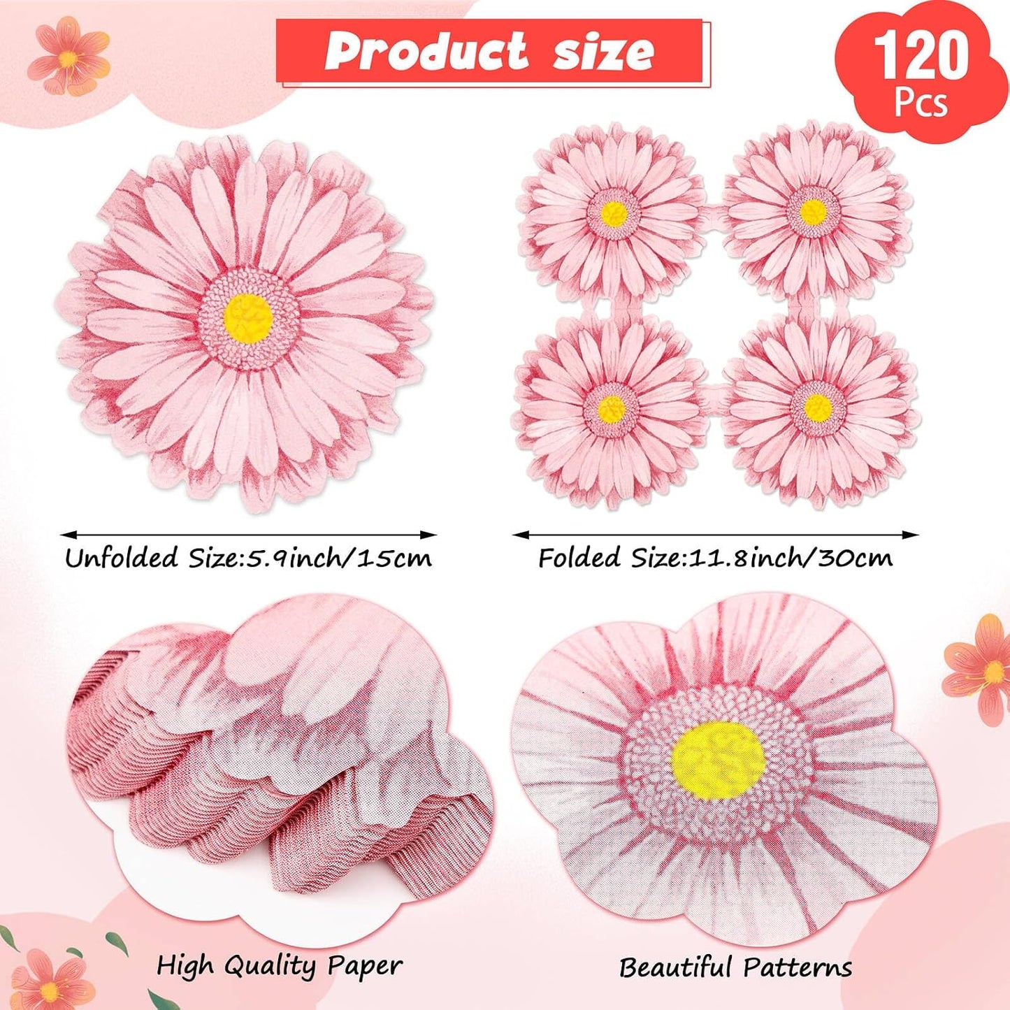 120Pcs Pink Flower Paper Napkins Decorative Disposable Lunch Dinner Floral Napkins Flower Shaped Wedding Napkins for Summer Bridal Baby Shower Birthday Cocktail Party Supplies (Pink, 120pcs)