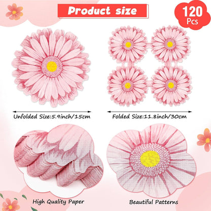 120Pcs Pink Flower Paper Napkins Decorative Disposable Lunch Dinner Floral Napkins Flower Shaped Wedding Napkins for Summer Bridal Baby Shower Birthday Cocktail Party Supplies (Pink, 120pcs)