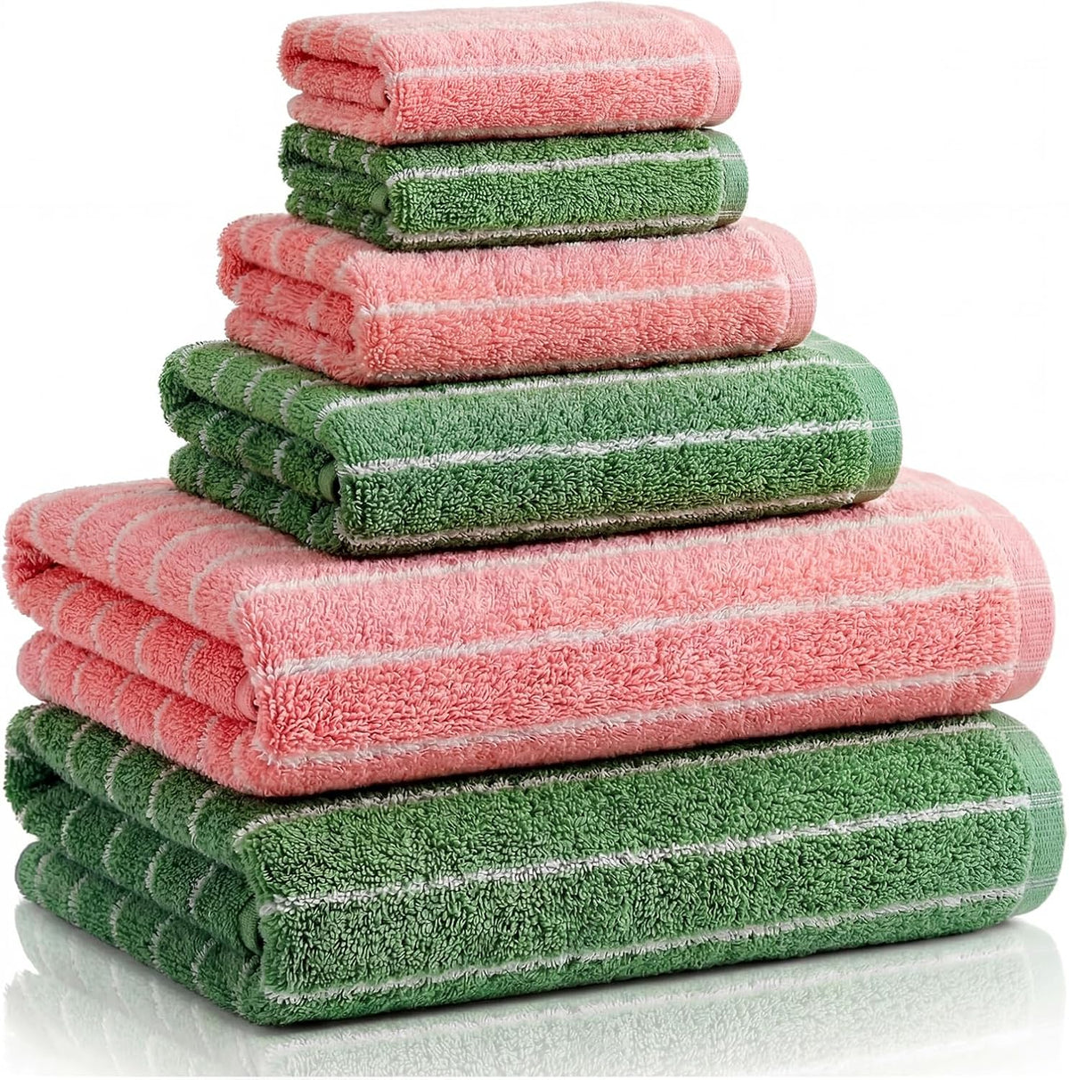 6 Pcs Large Bath Towels Set 28x55 Inch Cotton Towel, Pink, Green