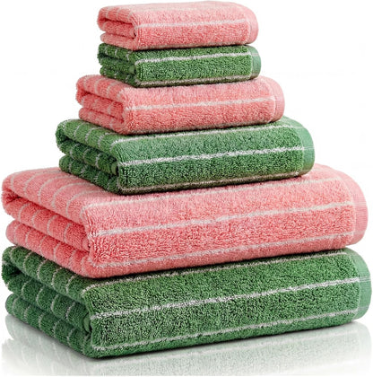 6 Pcs Large Bath Towels Set 28x55 Inch Cotton Towel, Pink, Green