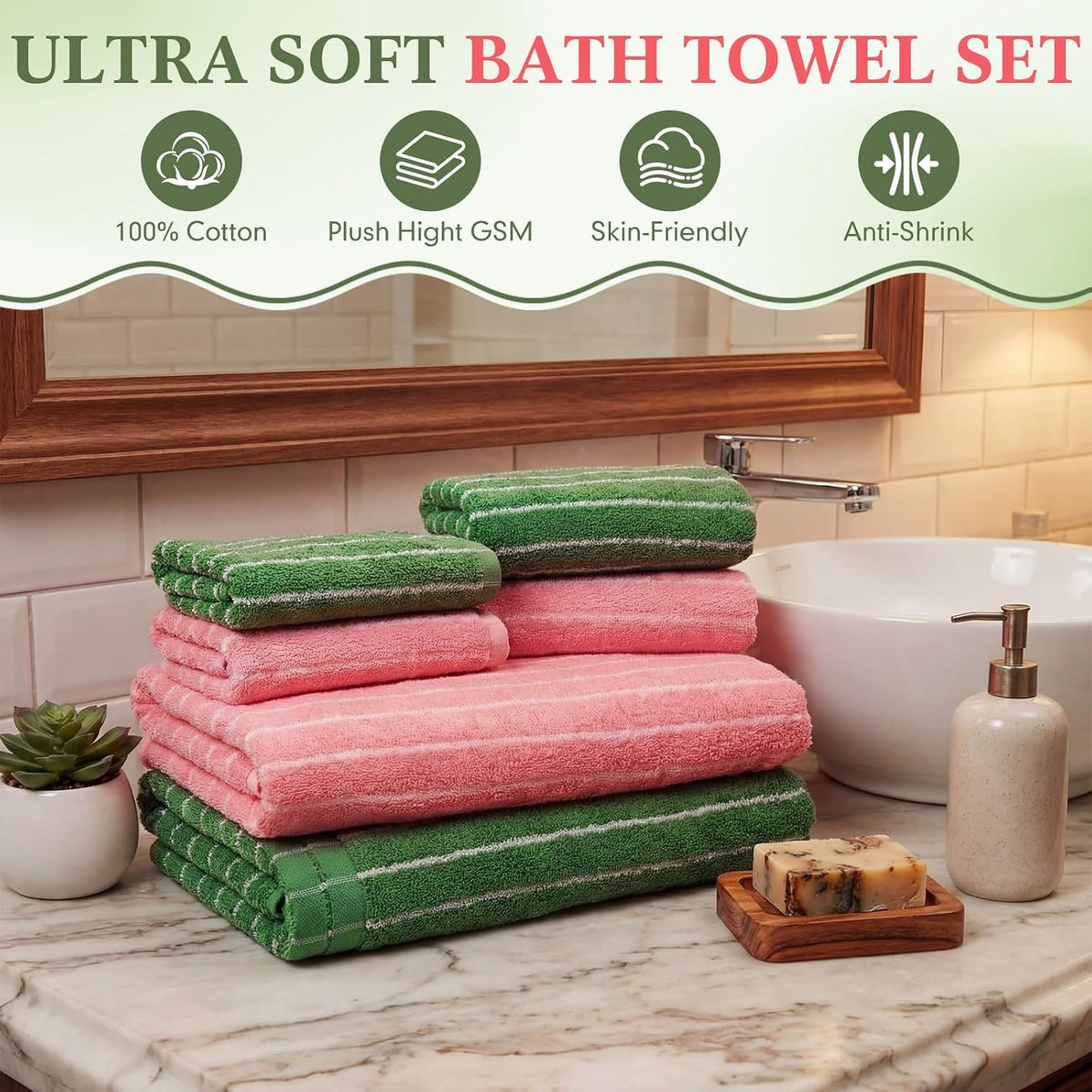 6 Pcs Large Bath Towels Set 28x55 Inch Cotton Towel, Pink, Green