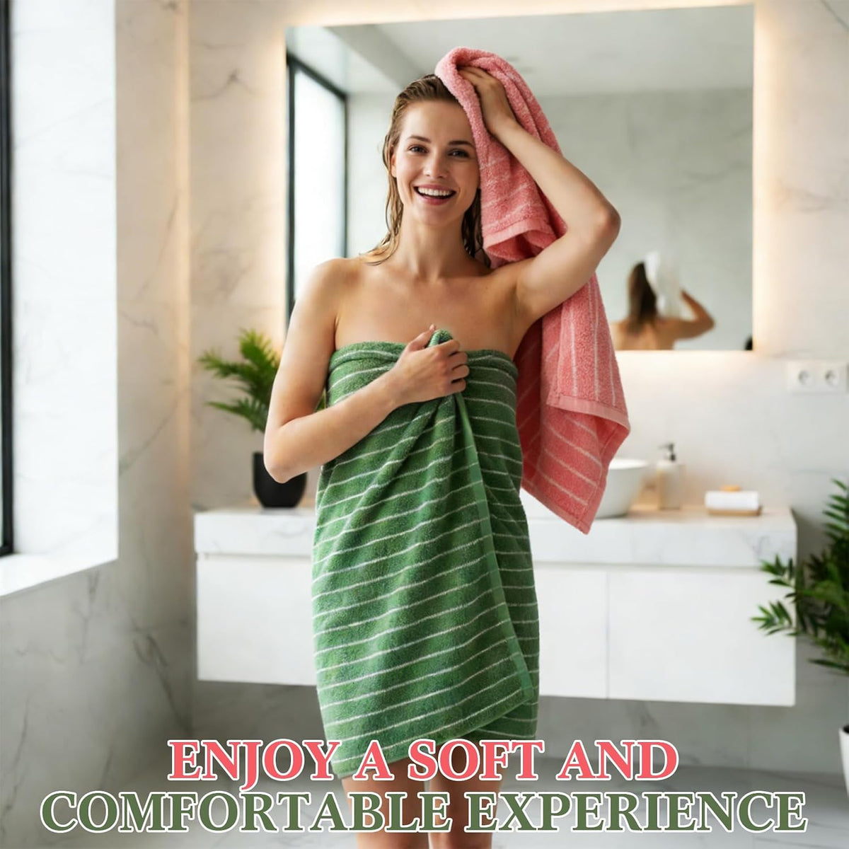 6 Pcs Large Bath Towels Set 28x55 Inch Cotton Towel, Pink, Green