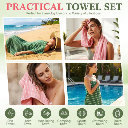 6 Pcs Large Bath Towels Set 28x55 Inch Cotton Towel, Pink, Green