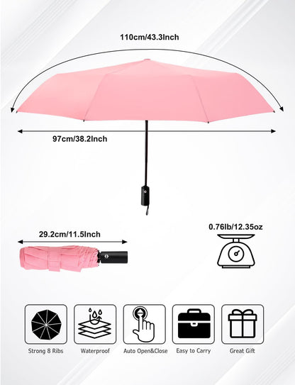 Travel Umbrella - Compact Umbrella for Rain - Perfect Large Auto Folding Umbrella - Ideal Car umbrella, Small umbrella, and Travel Companion