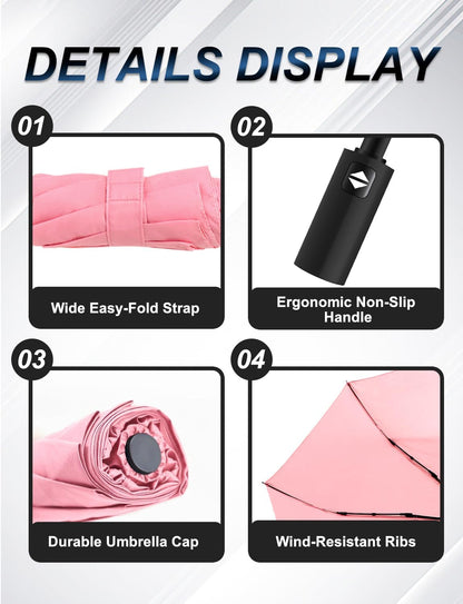 Travel Umbrella - Compact Umbrella for Rain - Perfect Large Auto Folding Umbrella - Ideal Car umbrella, Small umbrella, and Travel Companion