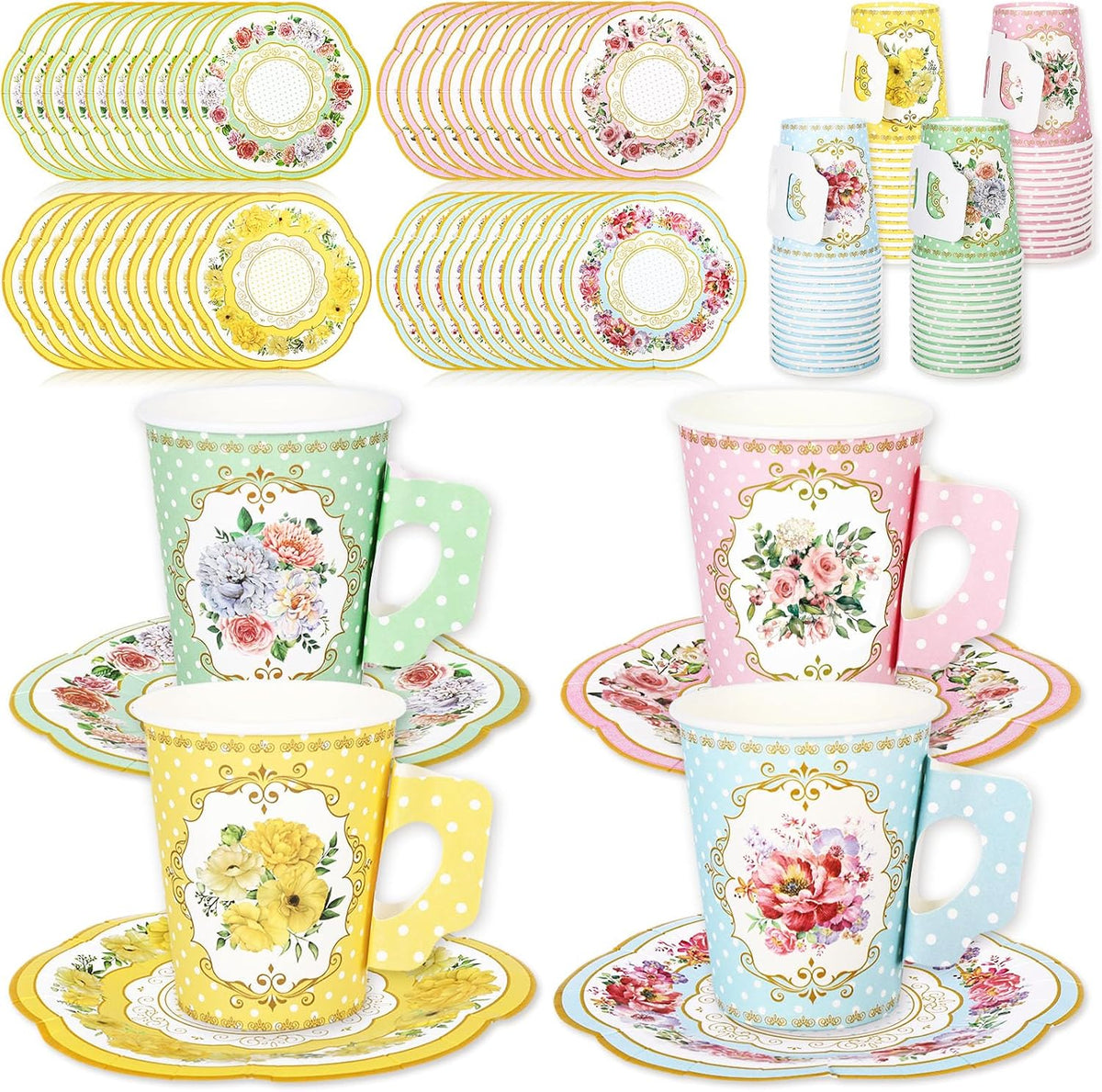 120Pcs Spring Tea Party Decorations 9oz Pink Yellow Blue Green Floral Paper Tea Cups with Handle Flower Saucers for Mother's Day Party Tableware Girls Women Birthday Supplies, 60 Set