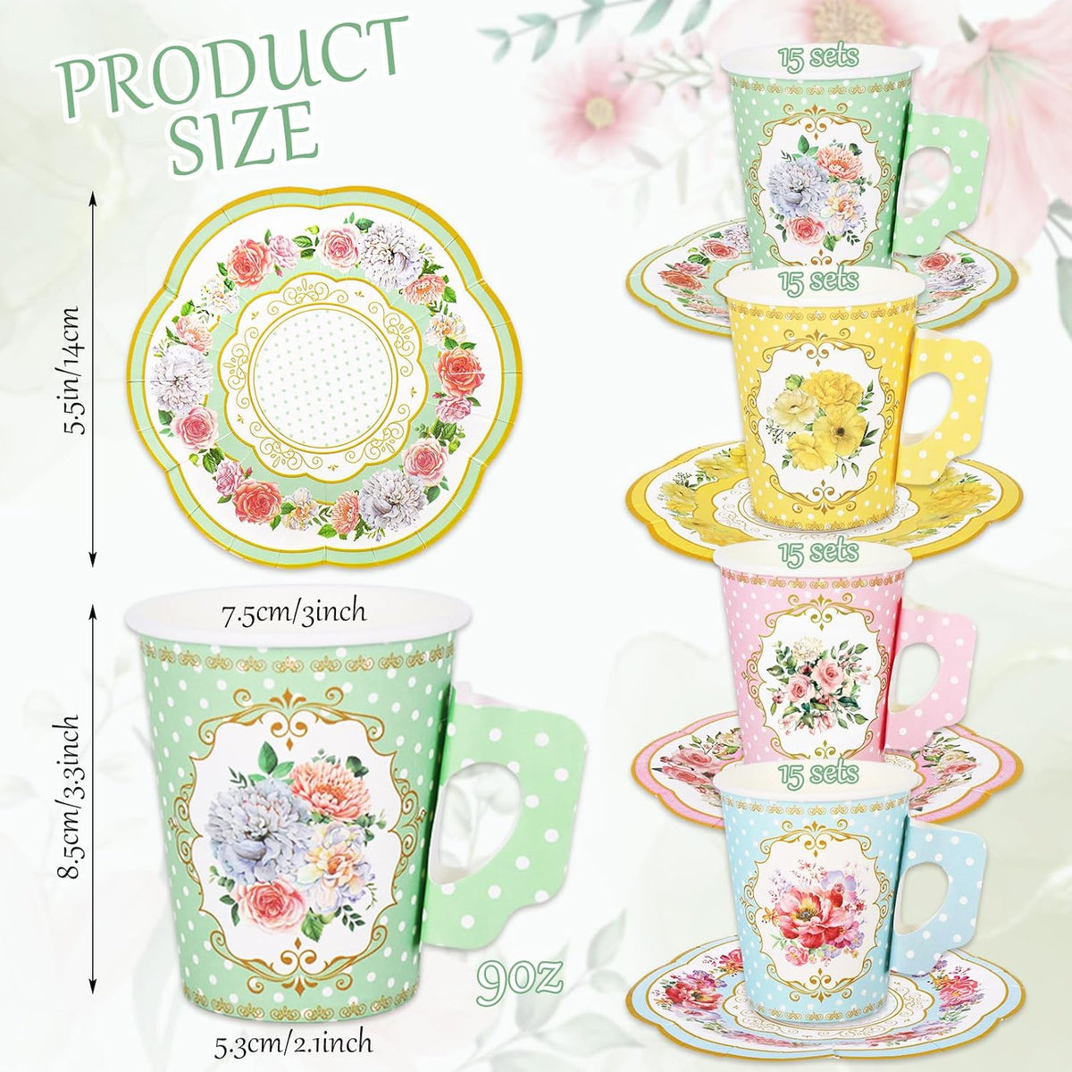 120Pcs Spring Tea Party Decorations 9oz Pink Yellow Blue Green Floral Paper Tea Cups with Handle Flower Saucers for Mother's Day Party Tableware Girls Women Birthday Supplies, 60 Set