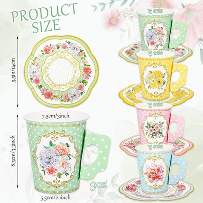 120Pcs Spring Tea Party Decorations 9oz Pink Yellow Blue Green Floral Paper Tea Cups with Handle Flower Saucers for Mother's Day Party Tableware Girls Women Birthday Supplies, 60 Set