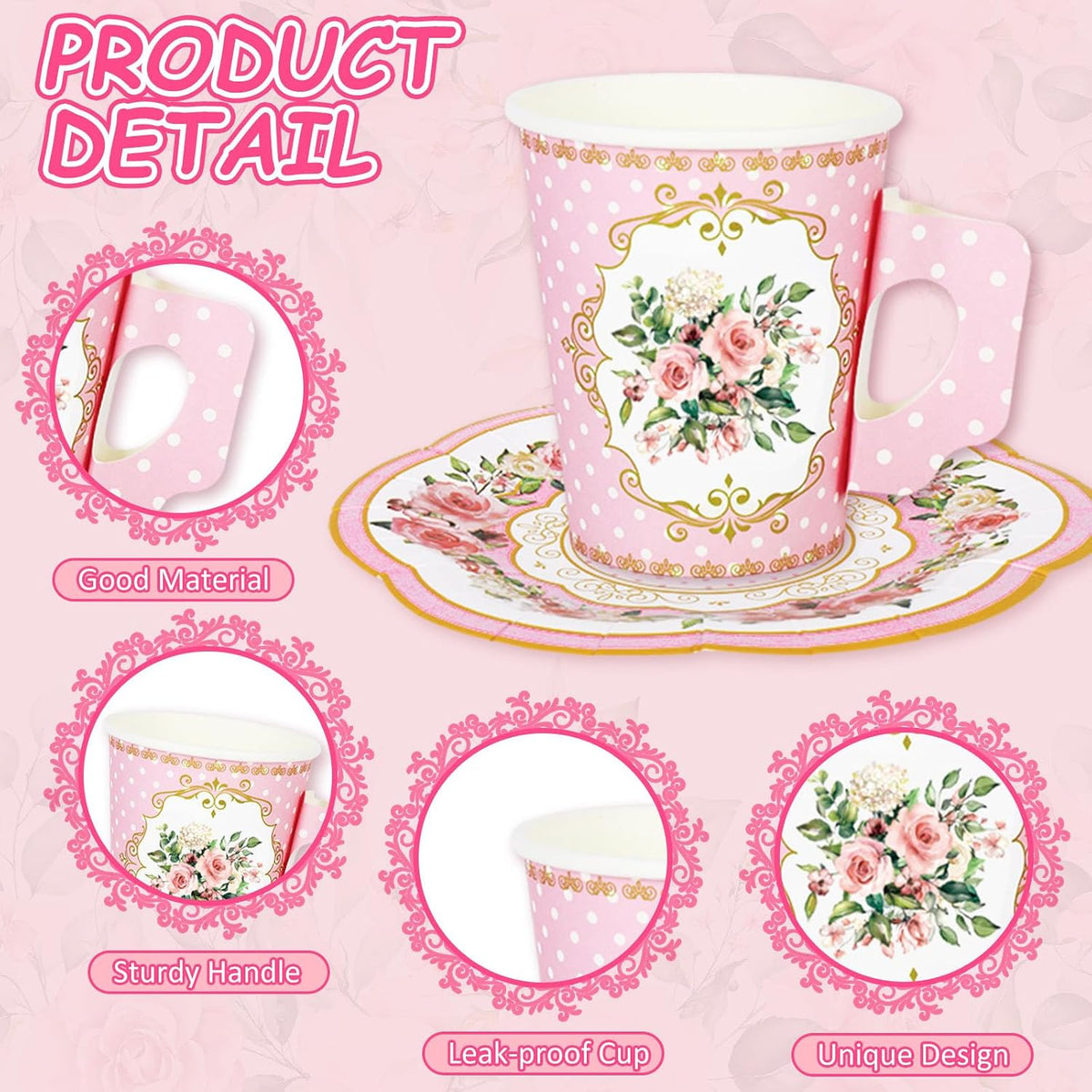 120Pcs Spring Tea Party Decorations 9oz Pink Yellow Blue Green Floral Paper Tea Cups with Handle Flower Saucers for Mother's Day Party Tableware Girls Women Birthday Supplies, 60 Set