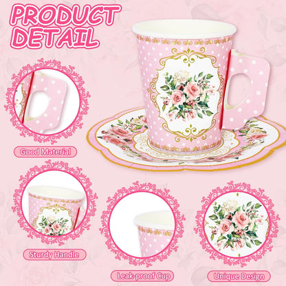 120Pcs Spring Tea Party Decorations 9oz Pink Yellow Blue Green Floral Paper Tea Cups with Handle Flower Saucers for Mother's Day Party Tableware Girls Women Birthday Supplies, 60 Set