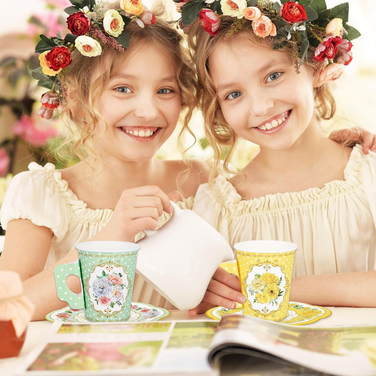 120Pcs Spring Tea Party Decorations 9oz Pink Yellow Blue Green Floral Paper Tea Cups with Handle Flower Saucers for Mother's Day Party Tableware Girls Women Birthday Supplies, 60 Set