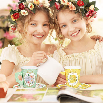 120Pcs Spring Tea Party Decorations 9oz Pink Yellow Blue Green Floral Paper Tea Cups with Handle Flower Saucers for Mother's Day Party Tableware Girls Women Birthday Supplies, 60 Set