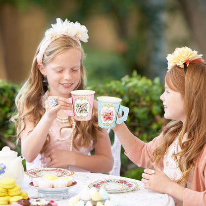 120Pcs Spring Tea Party Decorations 9oz Pink Yellow Blue Green Floral Paper Tea Cups with Handle Flower Saucers for Mother's Day Party Tableware Girls Women Birthday Supplies, 60 Set