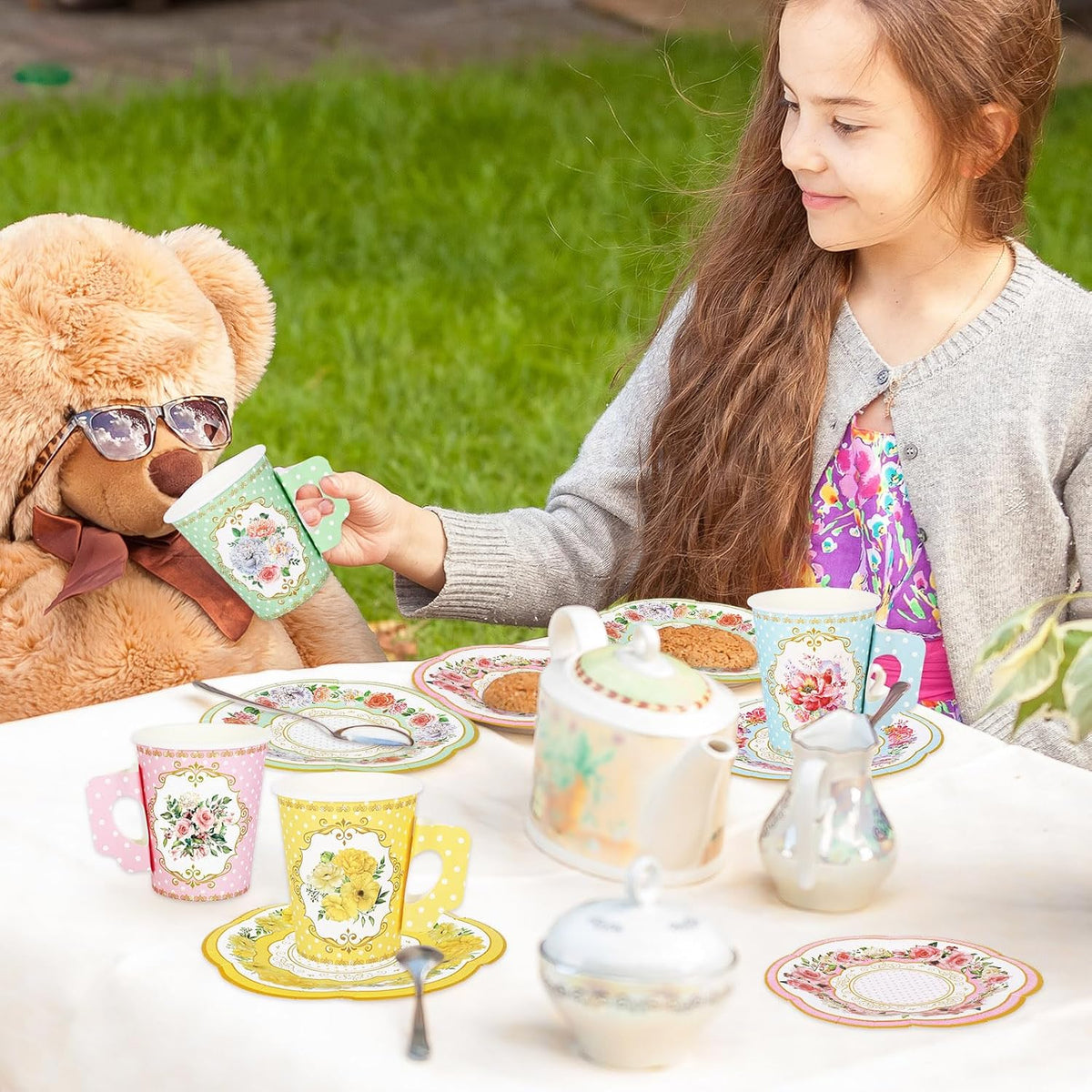 120Pcs Spring Tea Party Decorations 9oz Pink Yellow Blue Green Floral Paper Tea Cups with Handle Flower Saucers for Mother's Day Party Tableware Girls Women Birthday Supplies, 60 Set