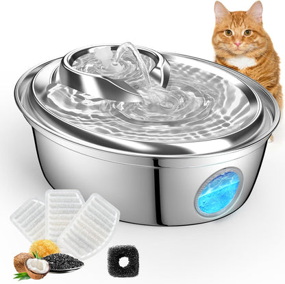 ORSDA Cat Water Fountain Stainless Steel, Automatic Pet Water Fountain, 67oz/2L Drinking Fountain Dog Water Dispenser with Water Level Window for Cats and Small Dogs- 3 Filters +1 Pump Sponges (D36)